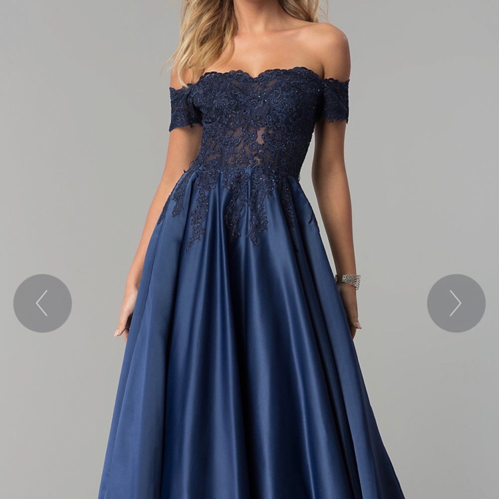 Navy Off-the-Shoulder Lace and Satin Prom Dress